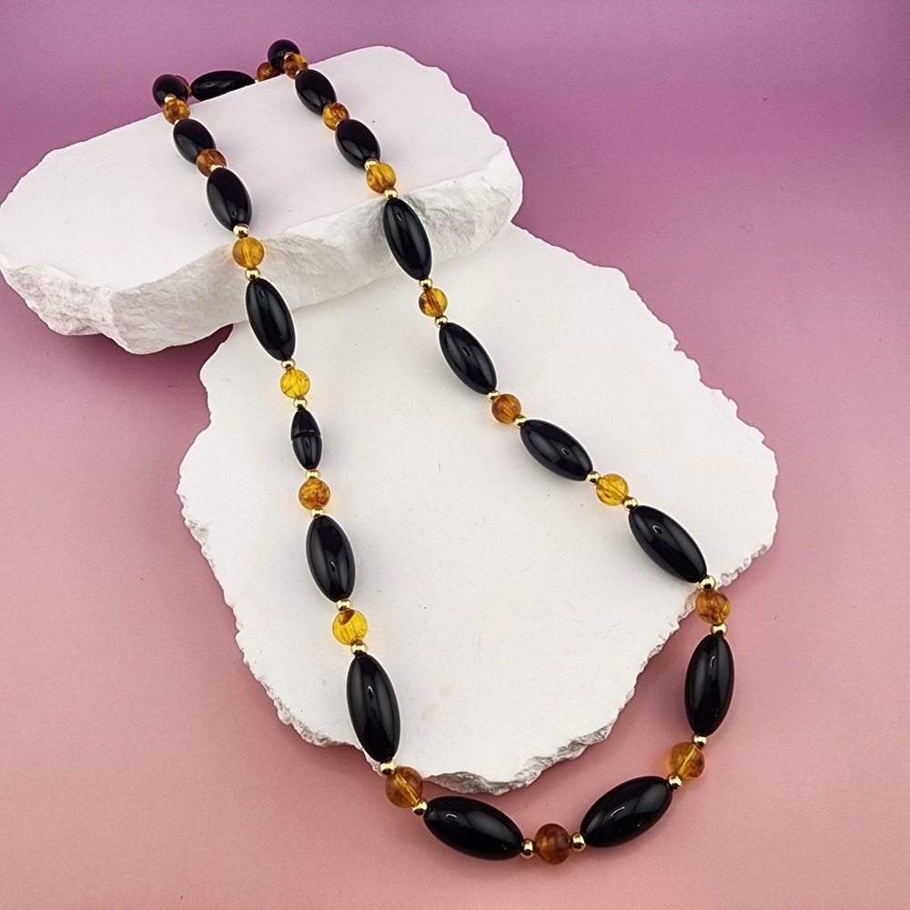 Black Oval Bead Necklace Amber Colored Round Beads Gold Tone Boho Long Strand